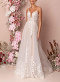 A-Line V-Neck Sleeveless Floor-Length Lace Wedding Dresses