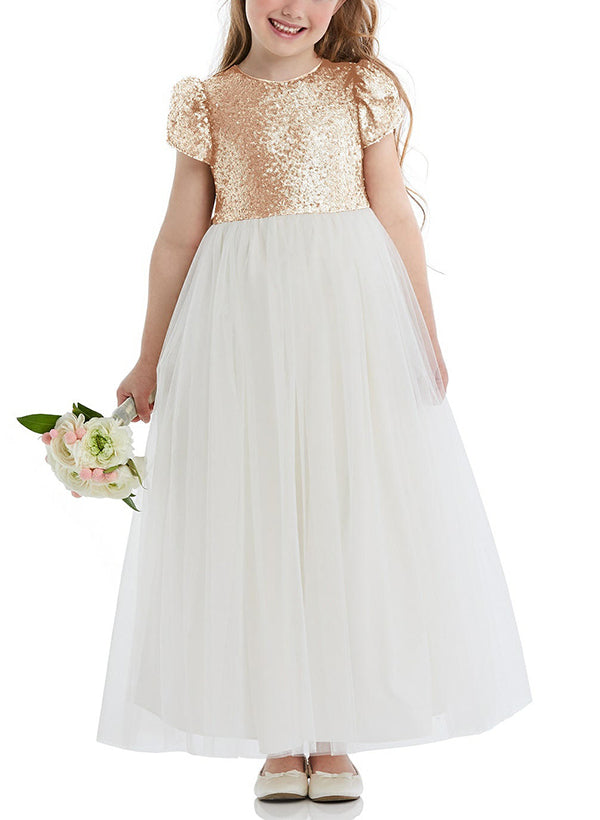 A-Line Scoop Neck Short Sleeves Tulle/Sequined Flower Girl Dresses