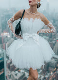 Little White Short/Mini Tulle Wedding Dresses With Bow(s) Belt