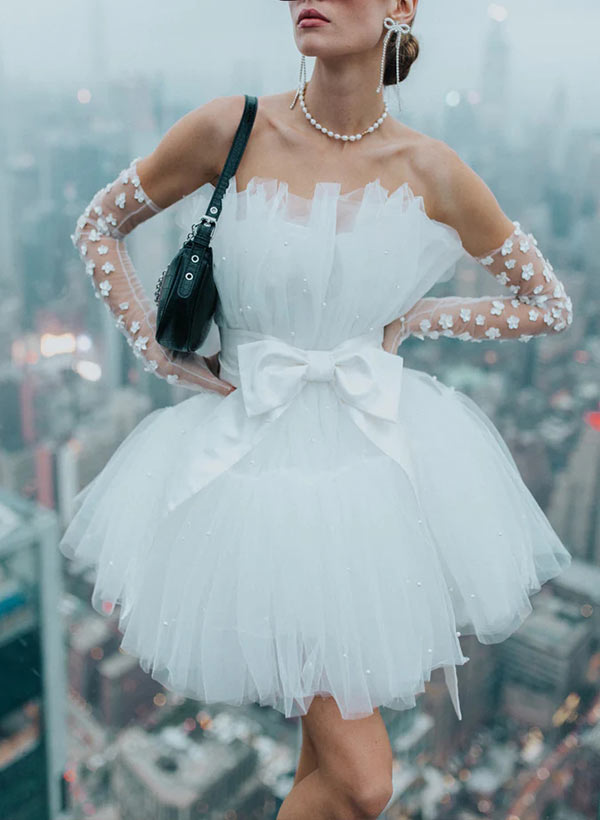 Little White Short/Mini Tulle Wedding Dresses With Bow(s) Belt