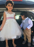 A-Line Illusion Neck Sleeveless Tulle Flower Girl Dresses With Appliques Lace