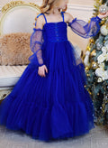 A-Line Square Neckline Long Sleeves Tulle Flower Girl Dresses With Bow(s)