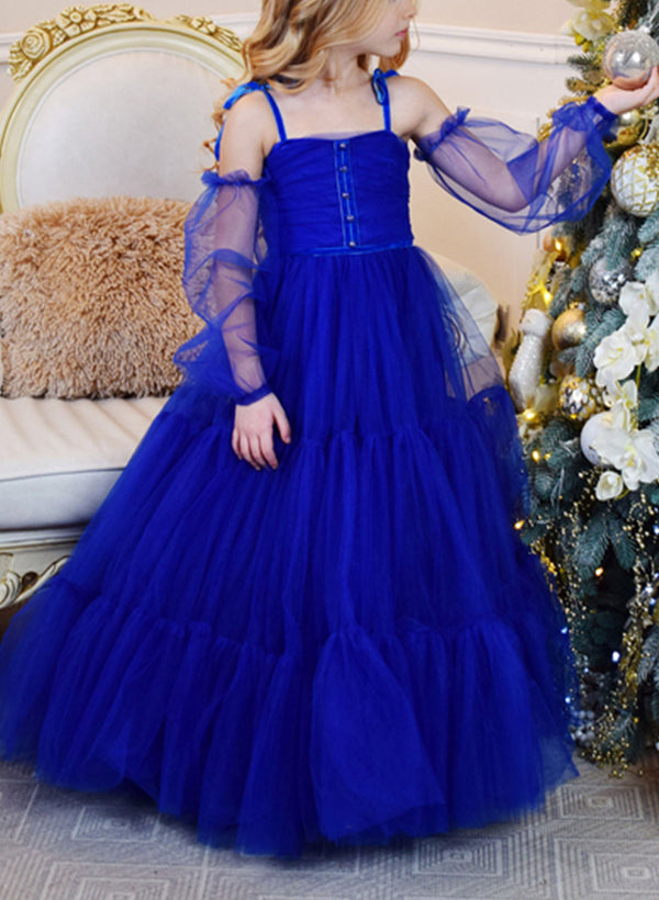 A-Line Square Neckline Long Sleeves Tulle Flower Girl Dresses With Bow(s)