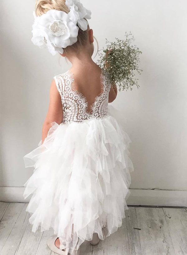 A-Line Scoop Neck Lace/Tulle Flower Girl Dresses With Cascading Ruffles