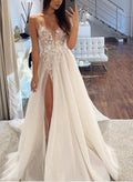Boho A-Line V-Neck Tulle Wedding Dresses With Split Front/Appliques Lace
