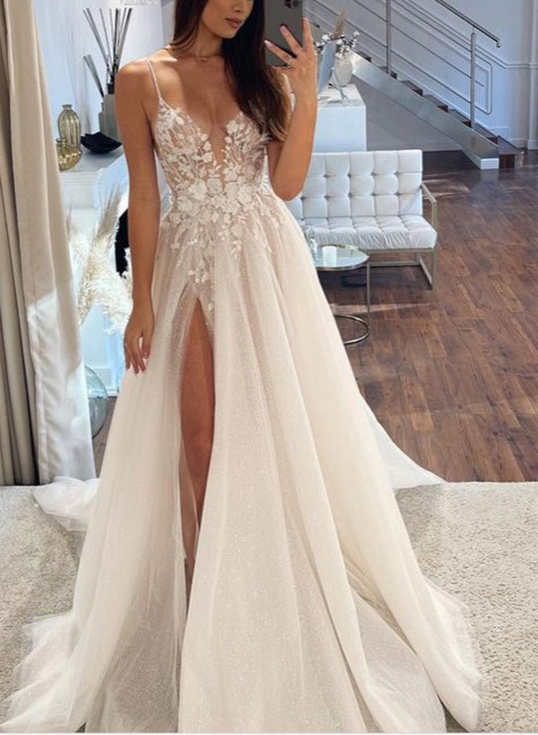 Boho A-Line V-Neck Tulle Wedding Dresses With Split Front/Appliques Lace