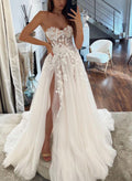 Boho A-Line Sweetheart Tulle Wedding Dresses With Split Front/Appliques Lace
