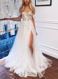 A-Line Off-The-Shoulder Tulle Wedding Dresses With Split Front/Appliques Lace