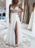 Elegant A-Line V-Neck Lace/Tulle Wedding Dresses With Split Front