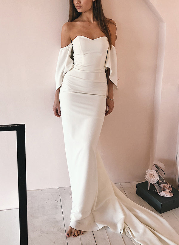 Sheath/Column Off-The-Shoulder Short Sleeves Elastic Satin Wedding Dresses