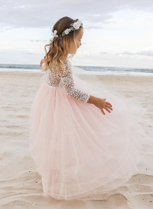 A-Line Scoop Neck 3/4 Sleeves Floor-Length Lace/Tulle Flower Girl Dresses