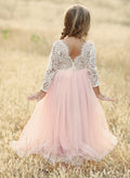 A-Line Scoop Neck Long Sleeves Floor-Length Lace/Tulle Flower Girl Dresses