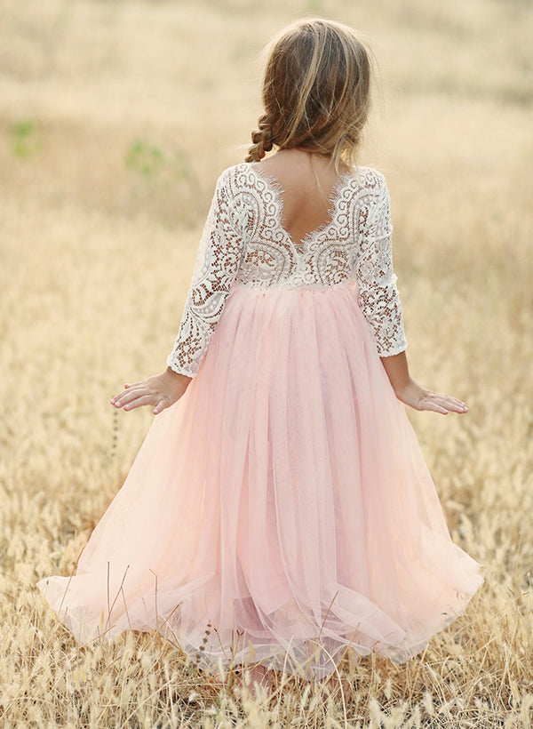 A-Line Scoop Neck Long Sleeves Floor-Length Lace/Tulle Flower Girl Dresses