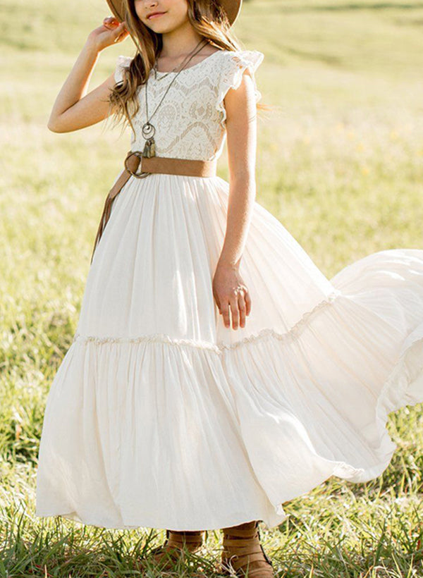 A-Line Scoop Neck Sleeveless Ankle-Length Chiffon/Lace Flower Girl Dresses