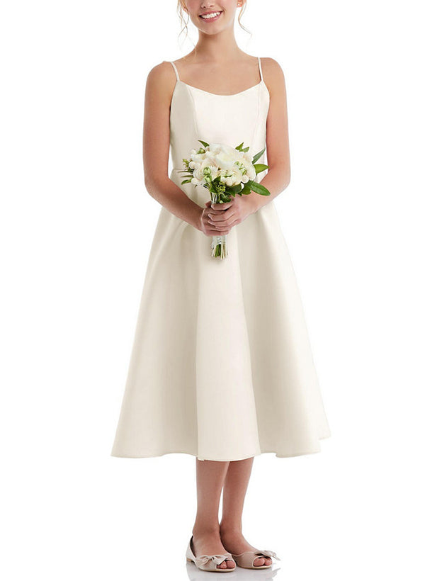 A-Line Scoop Neck Sleeveless Tea-Length Satin Flower Girl Dresses
