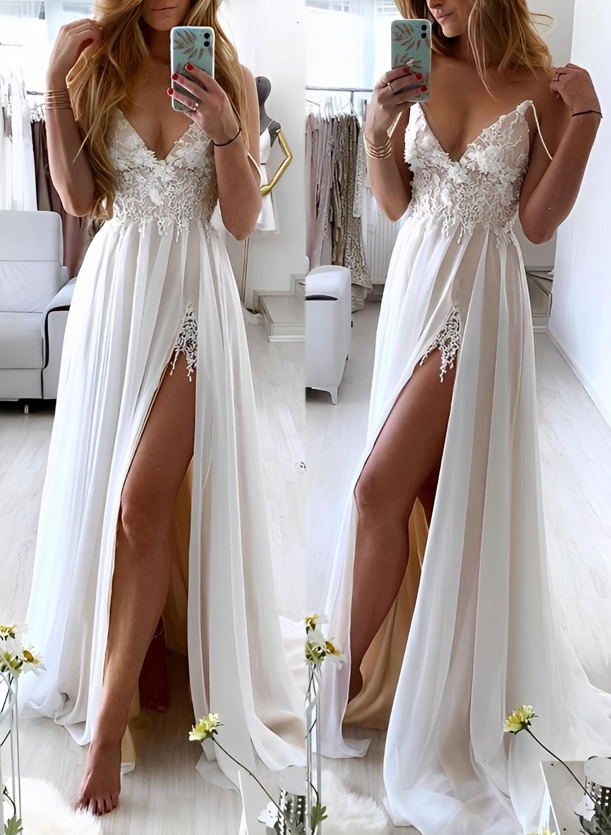 Beach A-Line Sweep Train Chiffon/Lace Wedding Dresses With Split Front