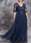 V-Neck A-Line Lace Sleeves Mother Of The Bride Dresses