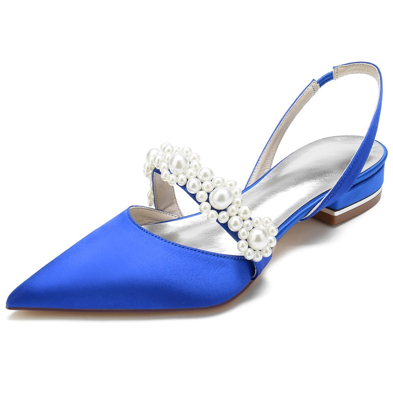 Pearl Embellished Low Heel Silk Like Satin Wedding Shoes