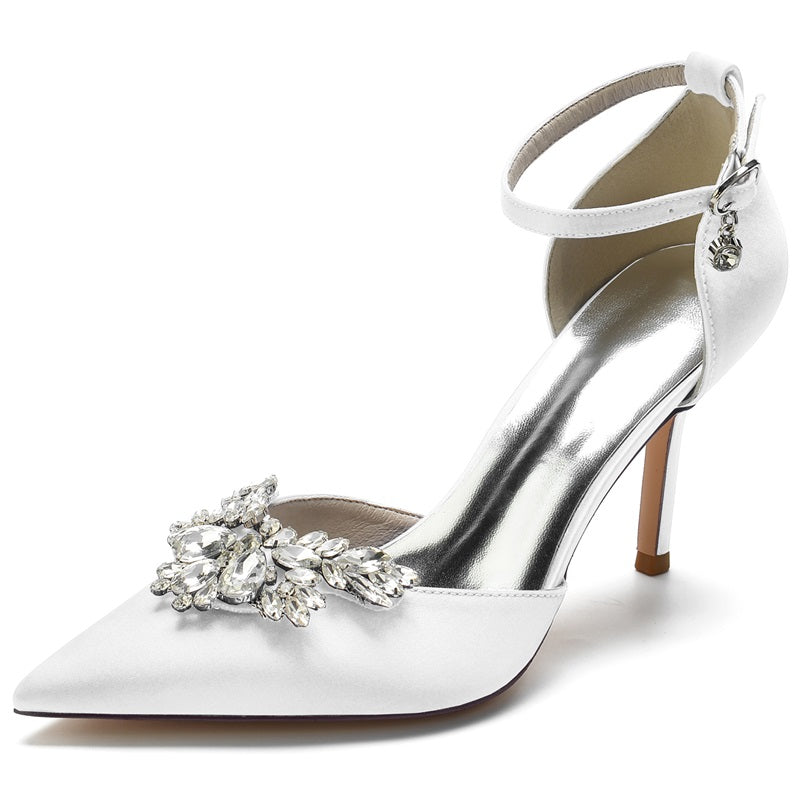 Silk Like Satin Ankle Strap Heel Wedding Shoes With Rhinestone