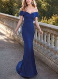 Off-The-Shoulder Sleeveless Sweep Train Elastic Satin Evening Dresses