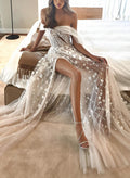 Boho A-Line Sleeveless Sweep Train Lace Wedding Dresses With Split Front