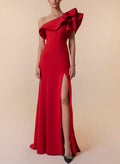Simple Red One-Shoulder Slit Evening Dresses