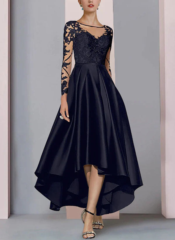 A-Line Illusion Neck 3/4 Sleeves Asymmetrical Lace/Satin Mother Of The Bride Dresses