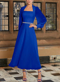 A-Line Square Neckline Long Sleeves Chiffon Mother Of The Bride Dresses With Sash