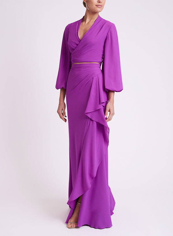 Sheath/Column V-Neck Long Sleeves Floor-Length Chiffon Evening Dresses