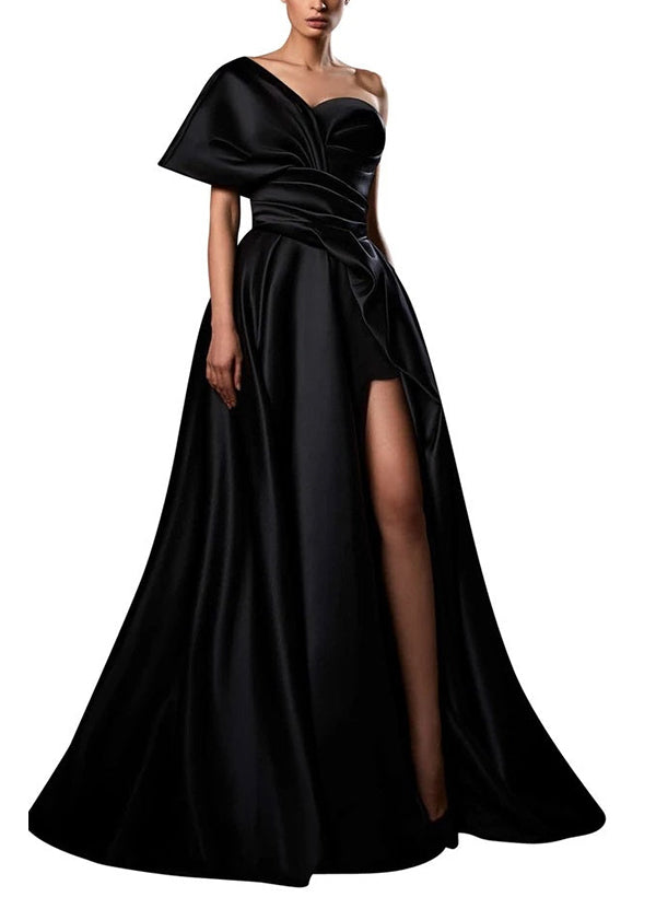 A-Line One-Shoulder Sleeveless Sweep Train Satin Evening Dresses