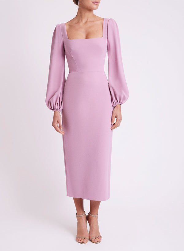 Square Neckline Long Sleeves Tea-Length Elastic Satin Cocktail Dresses