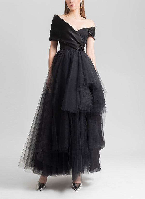 A-Line Off-The-Shoulder Short Sleeves Chiffon/Satin Evening Dresses