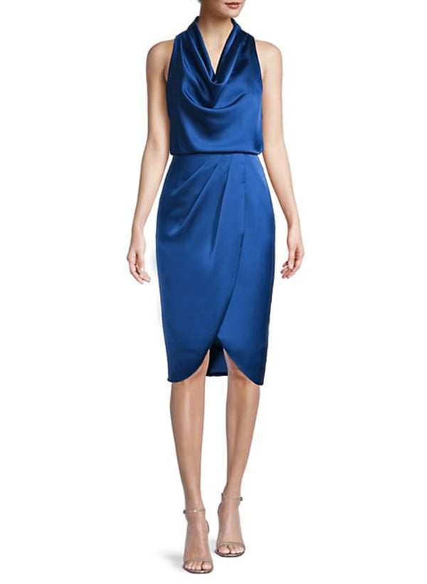 Sheath/Column Cowl Neck Sleeveless Knee-Length Silk Like Satin Cocktail Dresses
