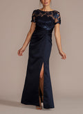 Sheath/Column Short Sleeves Lace/Satin Mother Of The Bride Dresses With Split Front