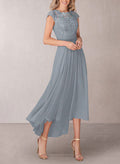 A-Line Scoop Neck Sleeveless Cap Straps Chiffon Asymmetrical Mother Of The Bride Dress With Pleated Lace