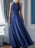 A-Line Illusion Neck Sleeveless Floor-Length Charmeuse Mother Of The Bride Dresses With Appliques Lace
