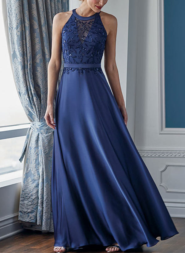 A-Line Illusion Neck Sleeveless Floor-Length Charmeuse Mother Of The Bride Dresses With Appliques Lace