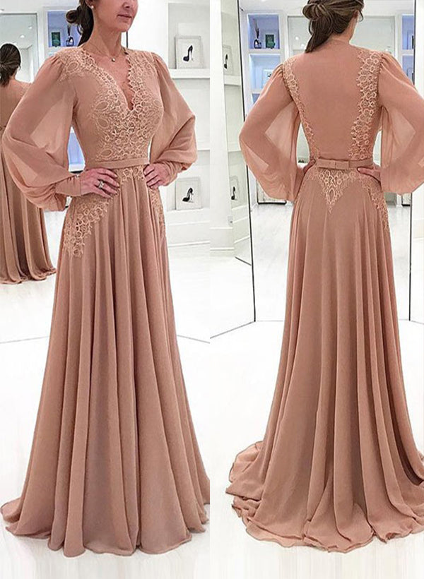 A-Line V-Neck Sweep/Brush Train Chiffon Mother Of The Bride Dresses With Appliques Lace