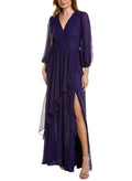 A-Line V-Neck Long Sleeves Chiffon Mother Of The Bride Dresses With Split Front
