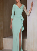 Sheath V-Neck 3/4 Sleeves Floor-Length Elastic Satin Mother Of The Bride Dresses With Lace