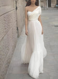 Boho Beach A-Line One-Shoulder Floor-Length Chiffon Wedding Dresses