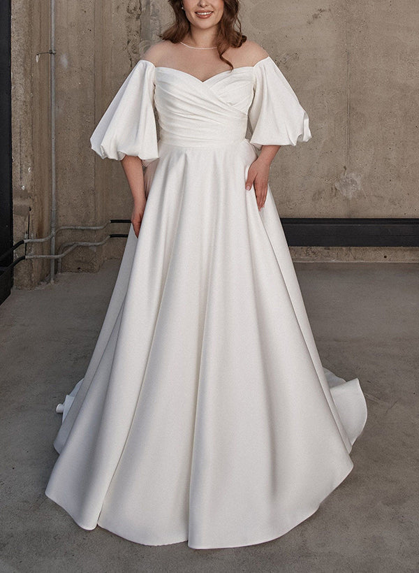 A-Line Illusion Neck 1/2 Sleeves Sweep Train Satin Wedding Dresses