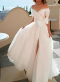 A-Line Off-The-Shoulder Sleeveless Sweep Train Tulle Wedding Dresses With Split Front