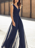 Jumpsuit/Pantsuit V-Neck Sleeveless Floor-Length Chiffon Evening Dresses