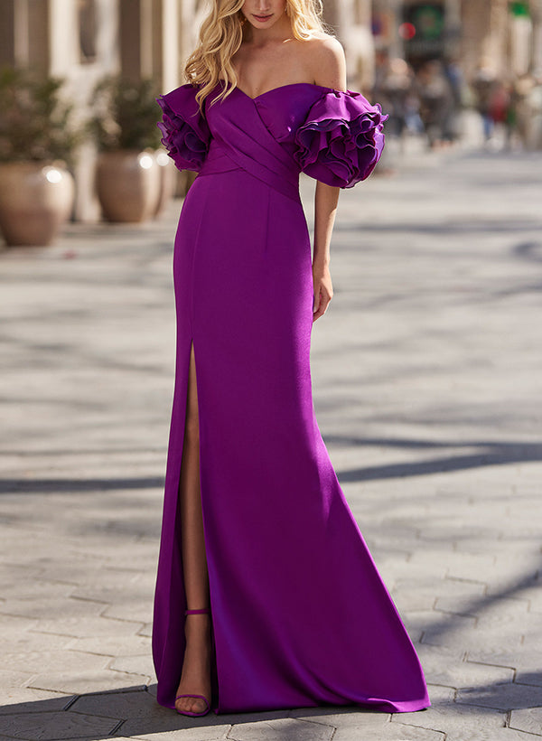 Off-The-Shoulder Sleeveless Elastic Satin Evening Dresses With Split Front