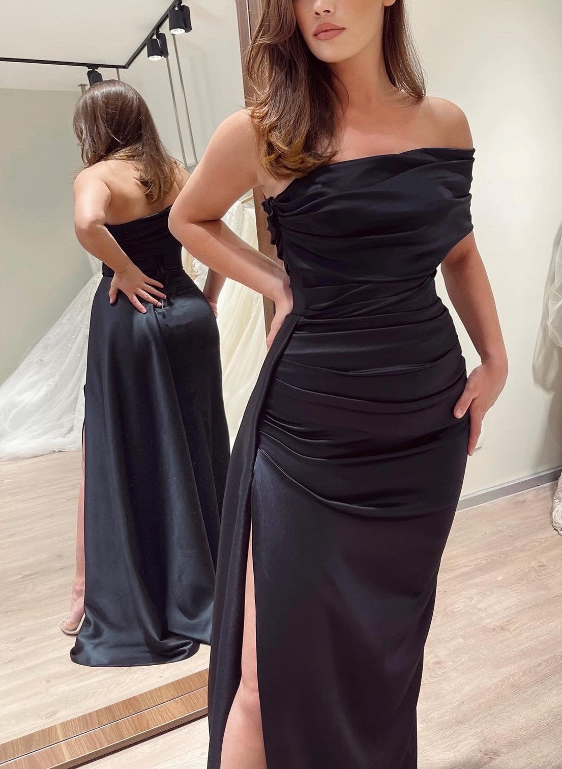 Simple One-Shoulder Satin Black Evening Dresses