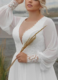 Plus Size Illusion Neck Long Sleeves Sweep Train Chiffon/Lace Wedding Dresses