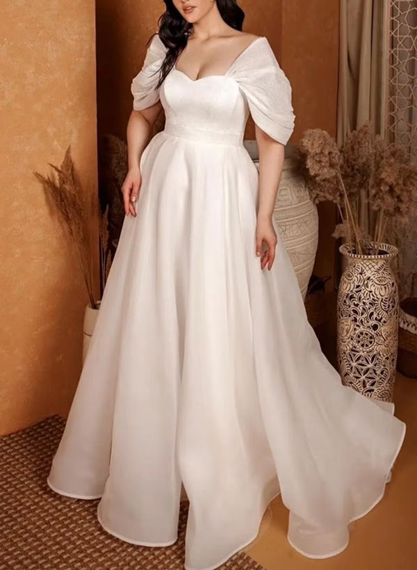 Plus Size A-Line Sweetheart Sleeveless Sweep Train Tulle Wedding Dresses