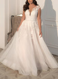 Plus Size A-Line Illusion Neck Sleeveless Sweep Train Lace Wedding Dresses