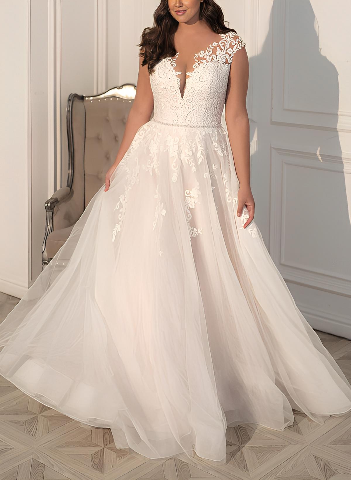 Plus Size A-Line Illusion Neck Sleeveless Sweep Train Lace Wedding Dresses